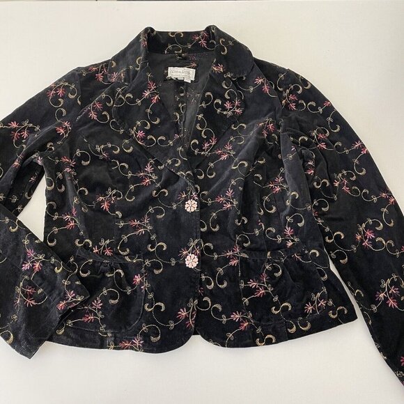 Vintage Women Velvet Corduroy Blazer L Black Floral Embroidered Whimsigoth Y2K - Picture 1 of 12